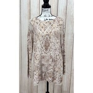 J. Jill Top Size Medium Damask Medallion Print Long Sleeve Knit Tunic Beige Tan‎